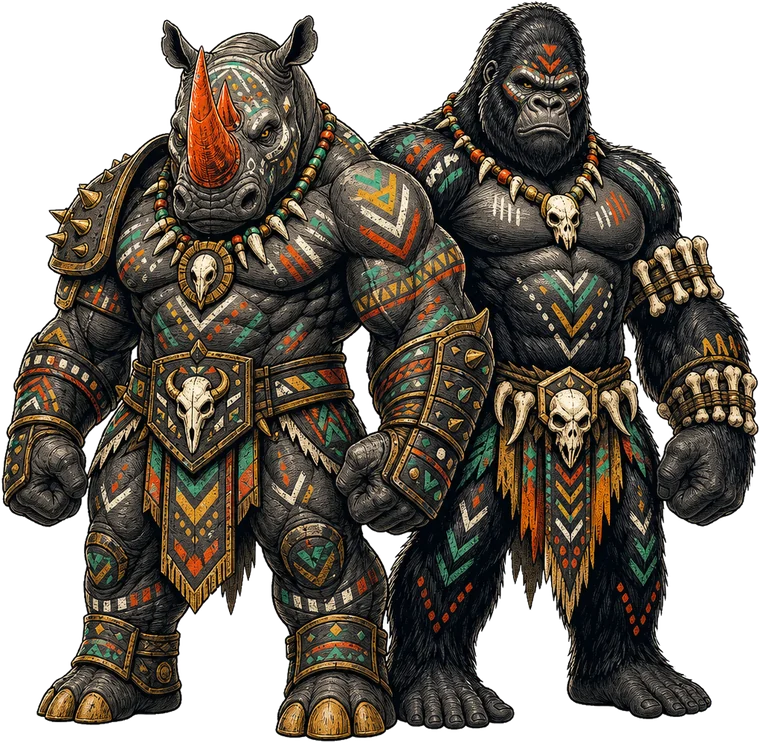 Rhyno and Gorilla, the two tribal mascots of the Rhyno strength program, standing side by side